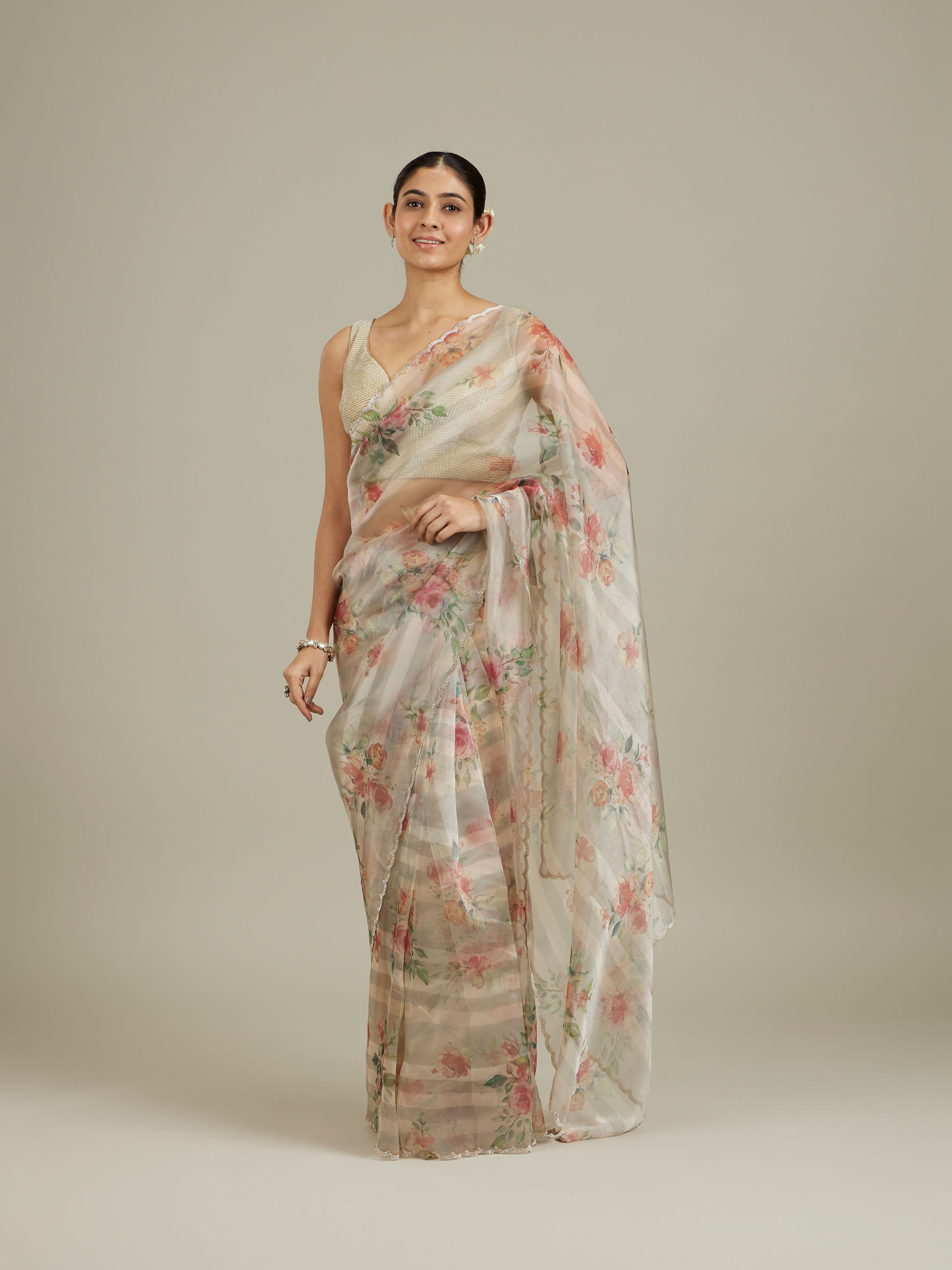 Mohey Women Soft Cream Floral Printed Saree with Scalloped Rhinestone Border