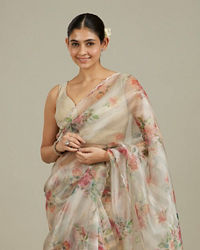 Mohey Women Soft Cream Floral Printed Saree with Scalloped Rhinestone Border