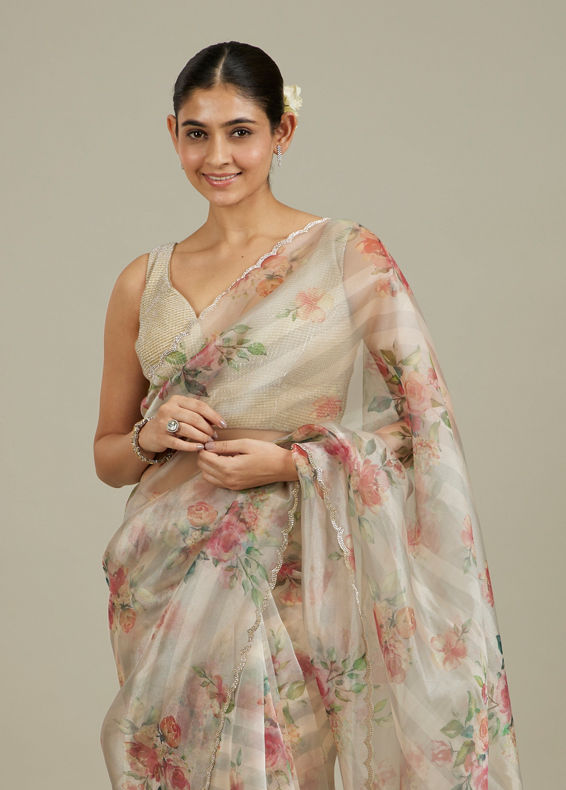 Mohey Women Soft Cream Floral Printed Saree with Scalloped Rhinestone Border