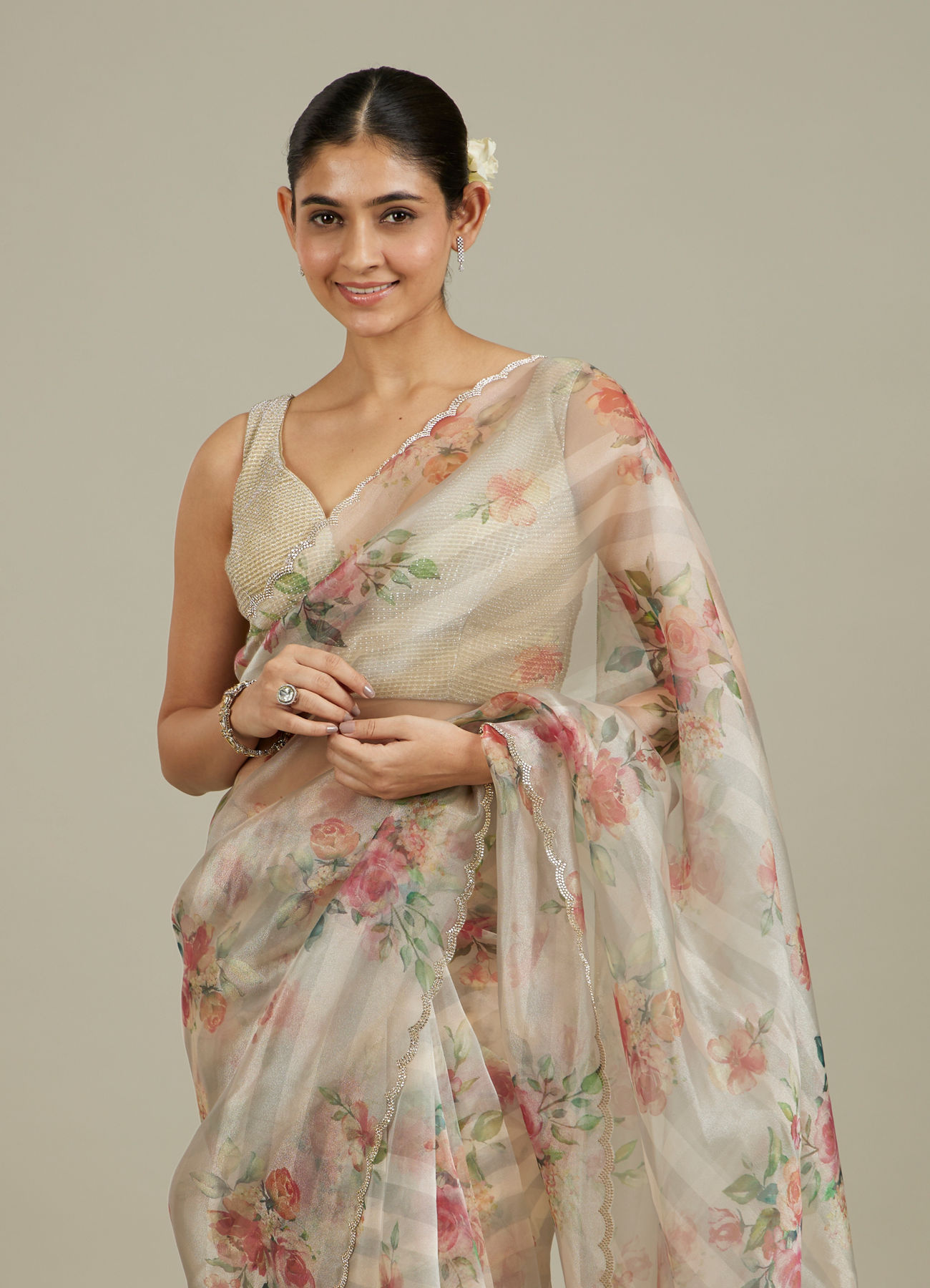 Mohey Women Soft Cream Floral Printed Saree with Scalloped Rhinestone Border