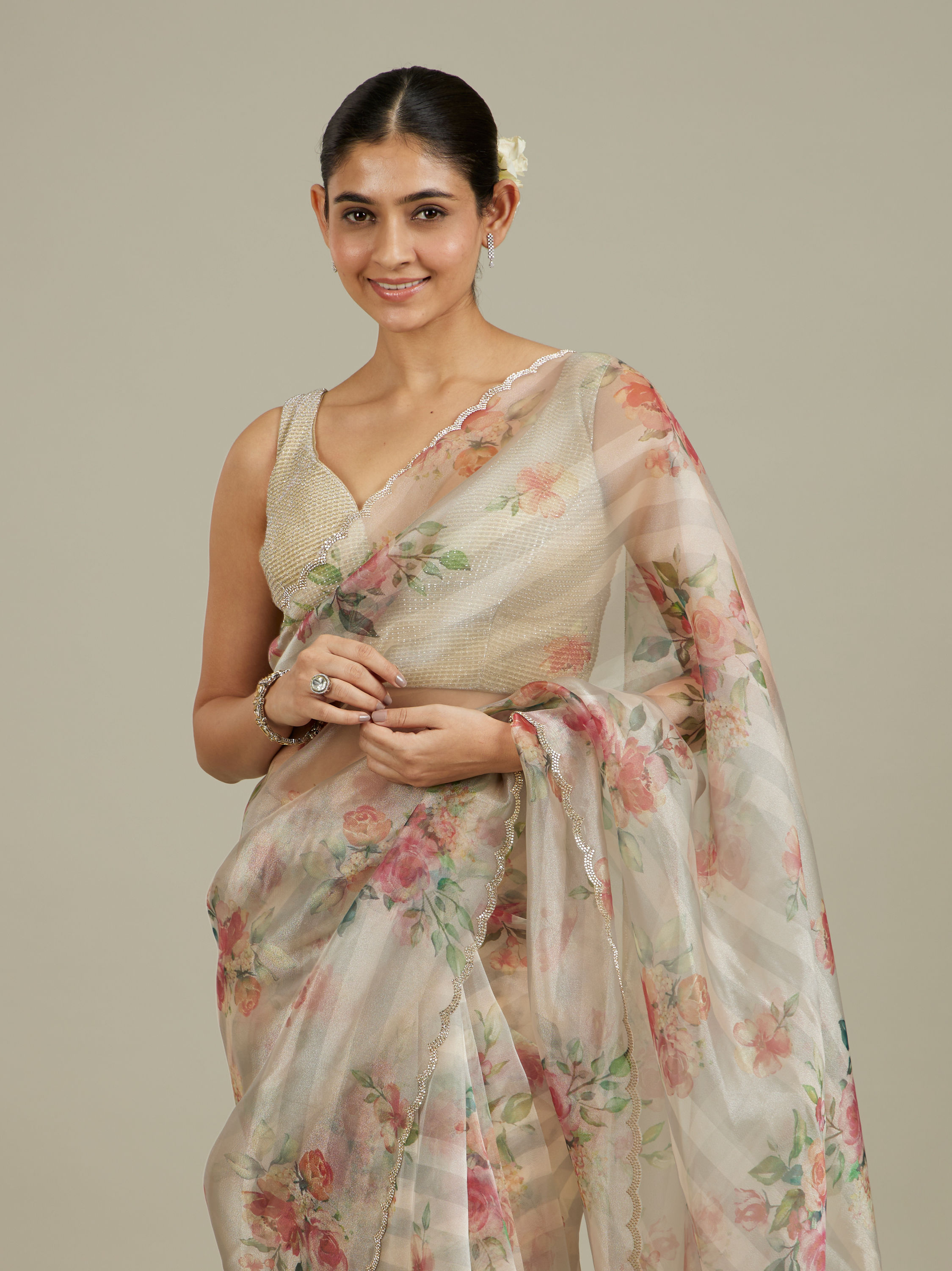 Mohey Women Soft Cream Floral Printed Saree with Scalloped Rhinestone Border