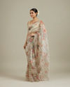 Mohey Women Soft Cream Floral Printed Saree with Scalloped Rhinestone Border