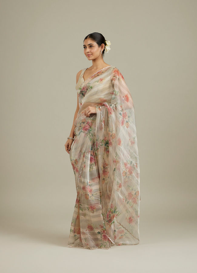 Mohey Women Soft Cream Floral Printed Saree with Scalloped Rhinestone Border