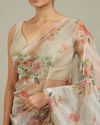 Mohey Women Soft Cream Floral Printed Saree with Scalloped Rhinestone Border