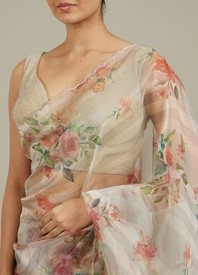 Mohey Women Soft Cream Floral Printed Saree with Scalloped Rhinestone Border