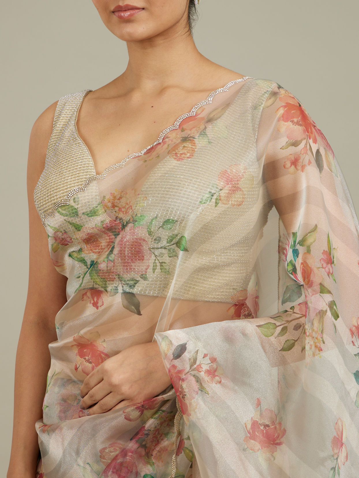 Mohey Women Soft Cream Floral Printed Saree with Scalloped Rhinestone Border