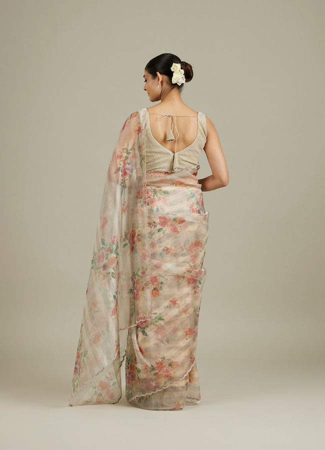 Mohey Women Soft Cream Floral Printed Saree with Scalloped Rhinestone Border