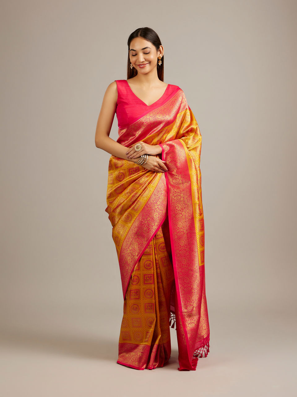 Mohey Women Mustard Yellow Jaal Patterned Saree with Square Motifs And Bel Buti Borders