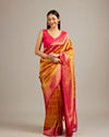 Mohey Women Mustard Yellow Jaal Patterned Saree with Square Motifs And Bel Buti Borders