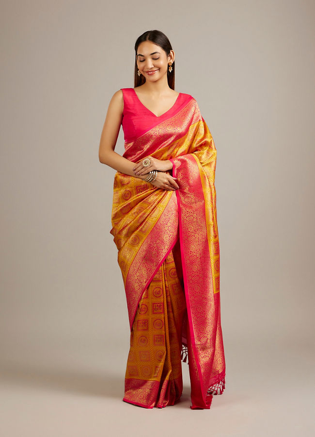 Mohey Women Mustard Yellow Jaal Patterned Saree with Square Motifs And Bel Buti Borders