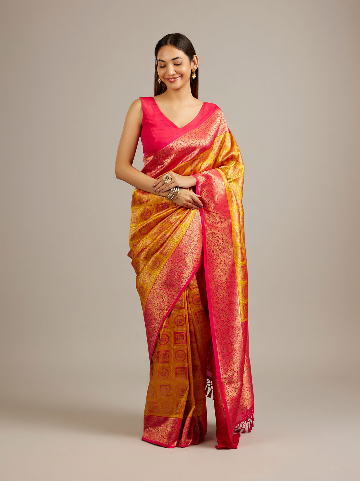 Mohey Women Mustard Yellow Jaal Patterned Saree with Square Motifs And Bel Buti Borders