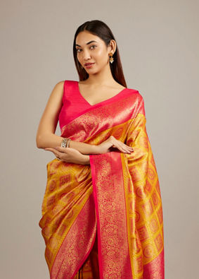 Mohey Women Mustard Yellow Jaal Patterned Saree with Square Motifs And Bel Buti Borders