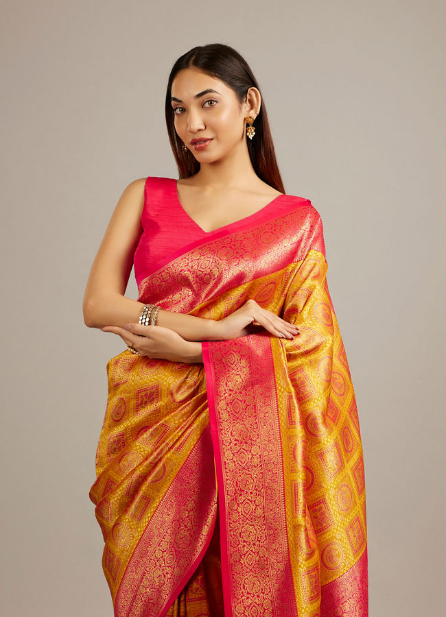 Mohey Women Mustard Yellow Jaal Patterned Saree with Square Motifs And Bel Buti Borders