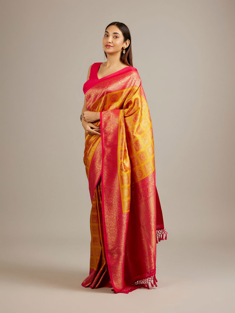 Mohey Women Mustard Yellow Jaal Patterned Saree with Square Motifs And Bel Buti Borders
