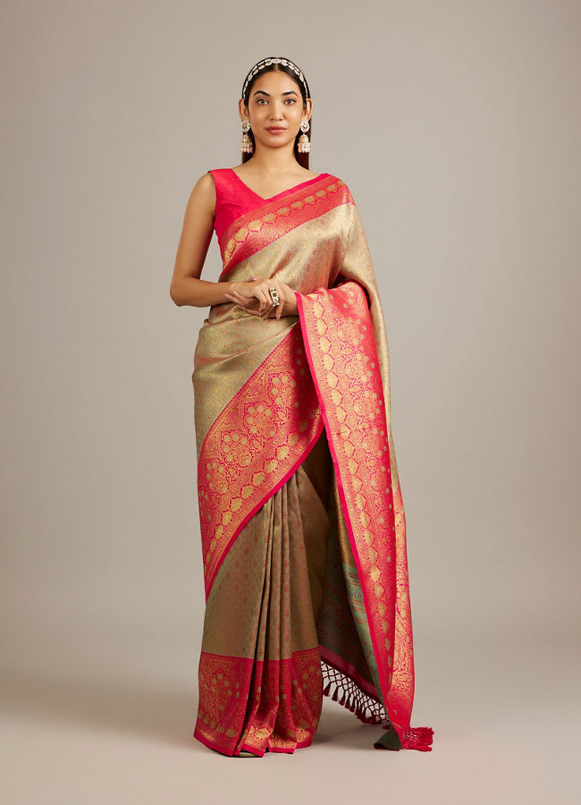 Mohey Women Ash Grey Buta Jaal Patterned Saree with Intricate Floral Border