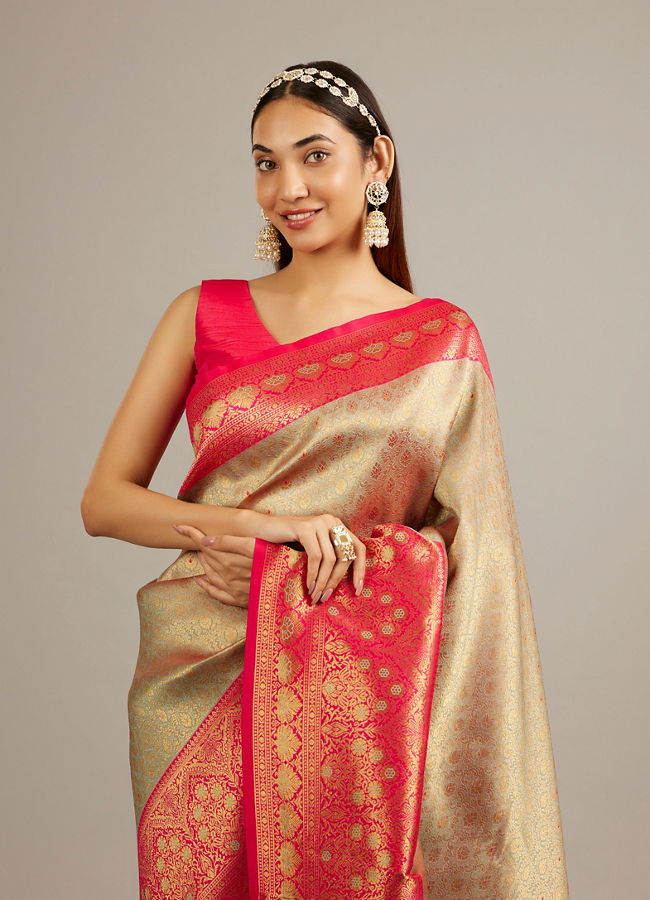Mohey Women Ash Grey Buta Jaal Patterned Saree with Intricate Floral Border