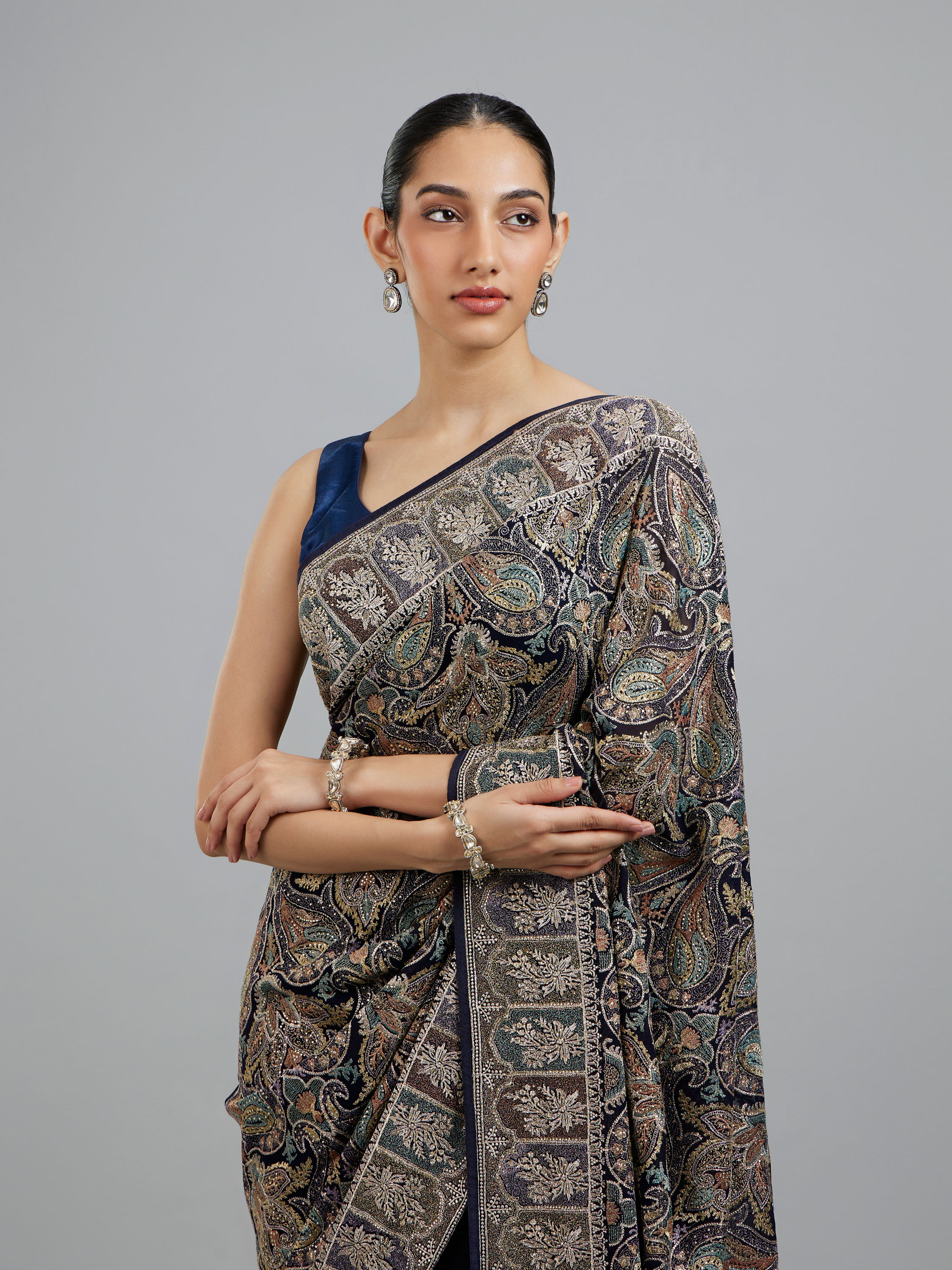 Mohey Women Indigo Blue Georgette Festive Saree