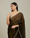 Mohey Women Mehndi Green Floral Buta Embroidered Saree with Rhinestone Work