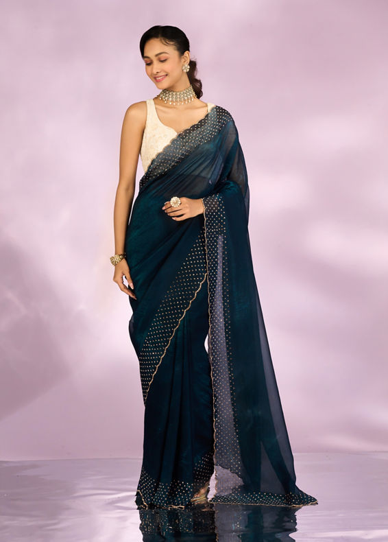 Mohey Women Blue Organza Festive Saree