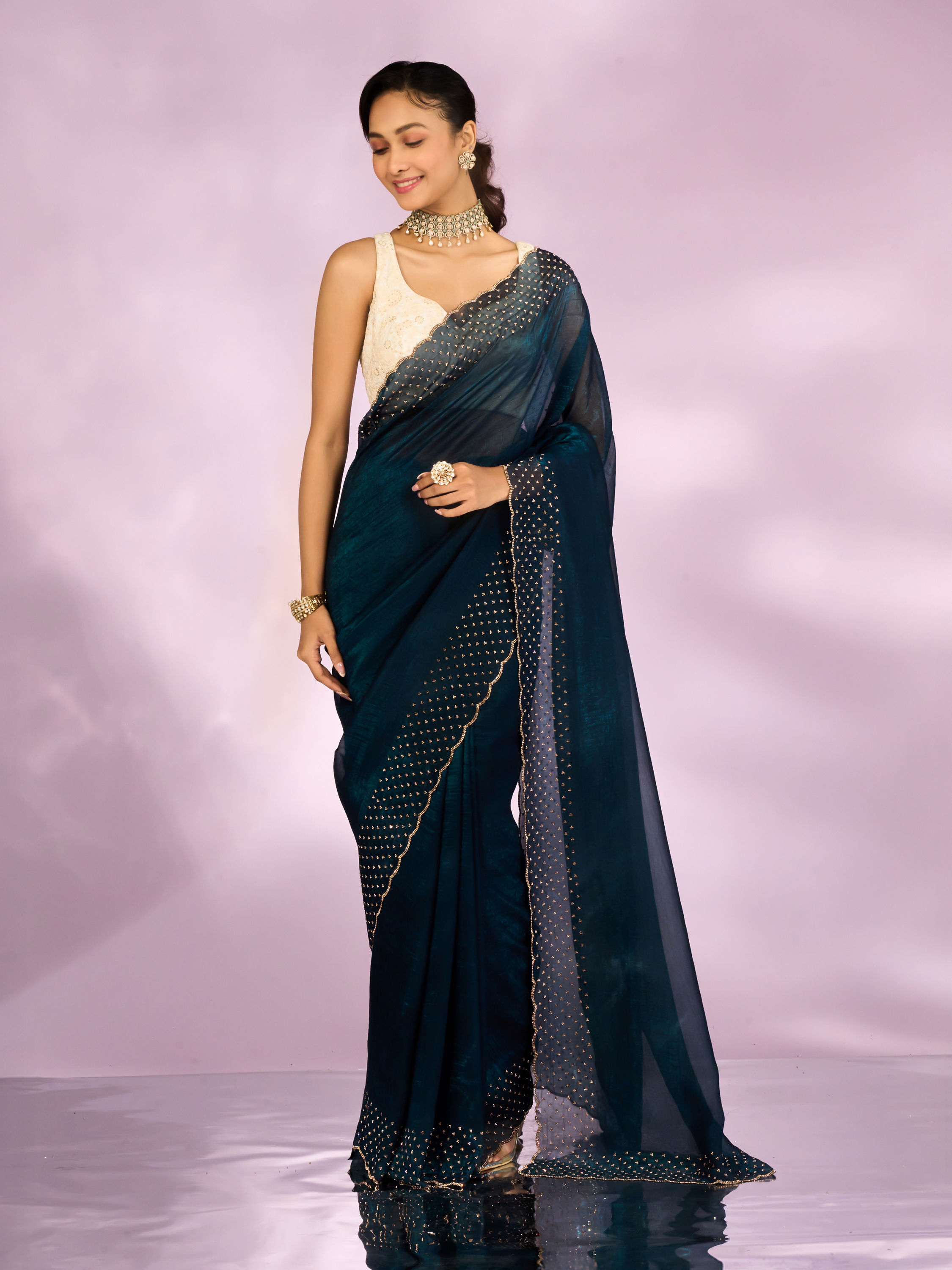 Mohey Women Blue Organza Festive Saree