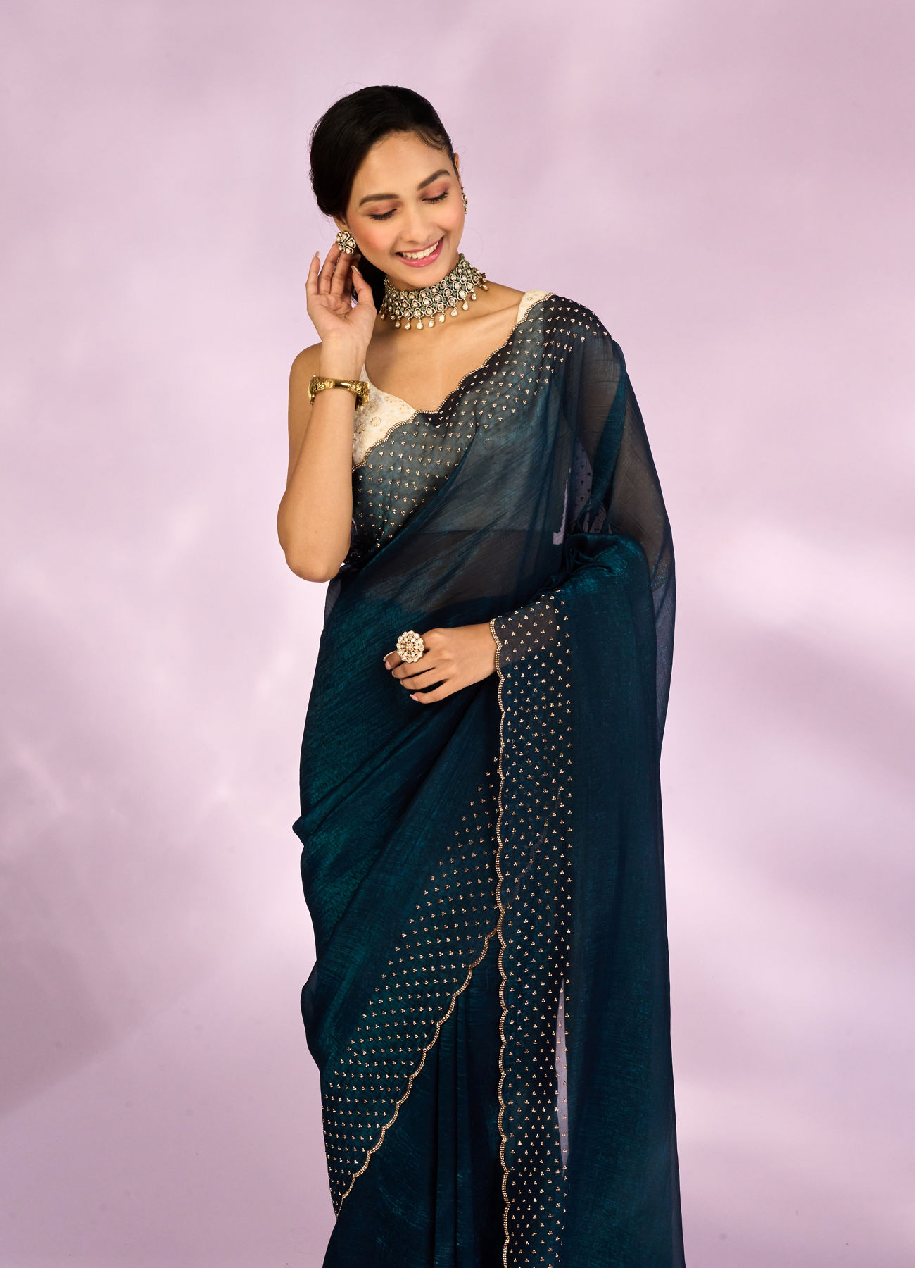 Mohey Women Blue Organza Festive Saree