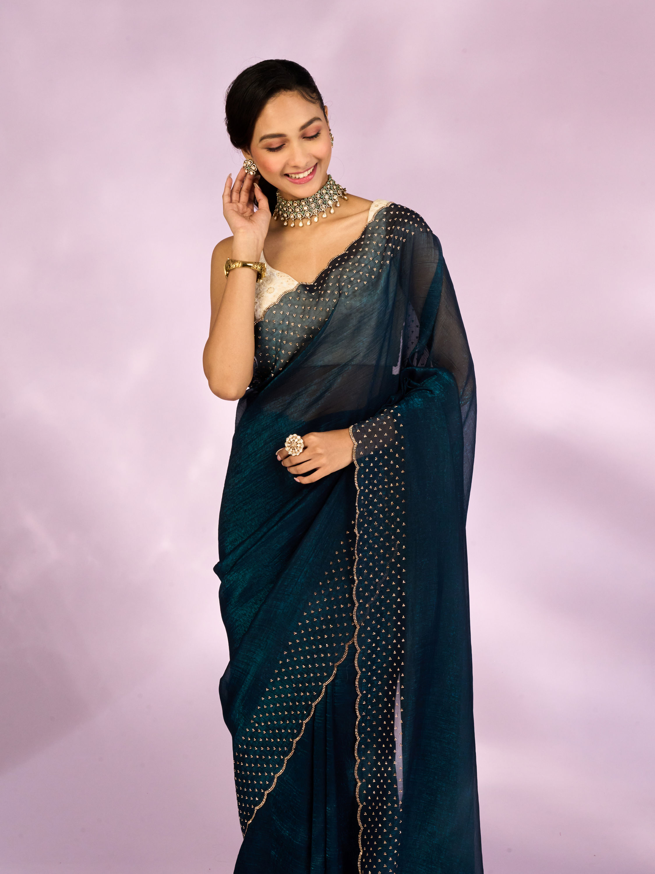 Mohey Women Blue Organza Festive Saree