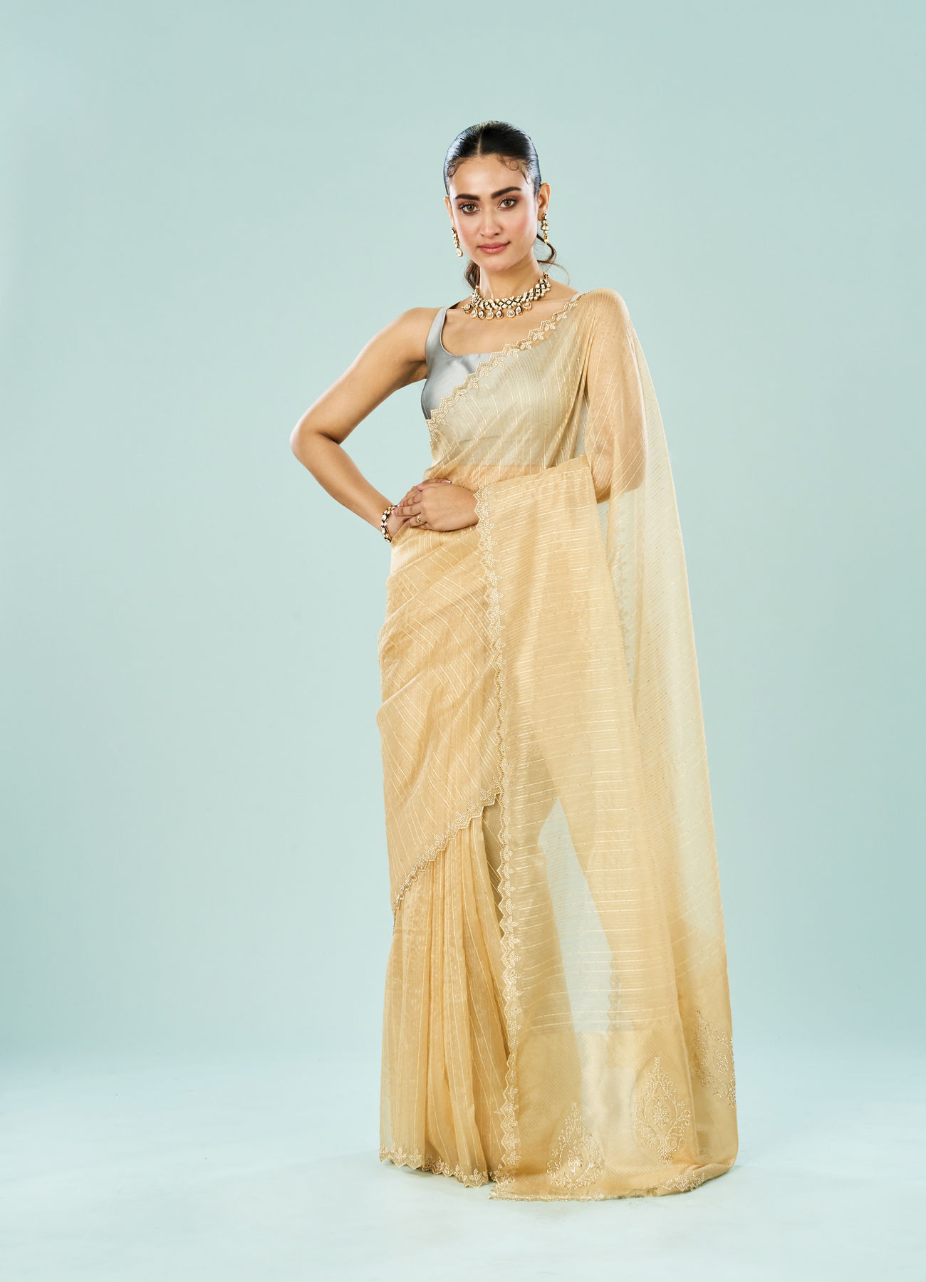 Mohey Women Lustrous Beige Art Silk Saree