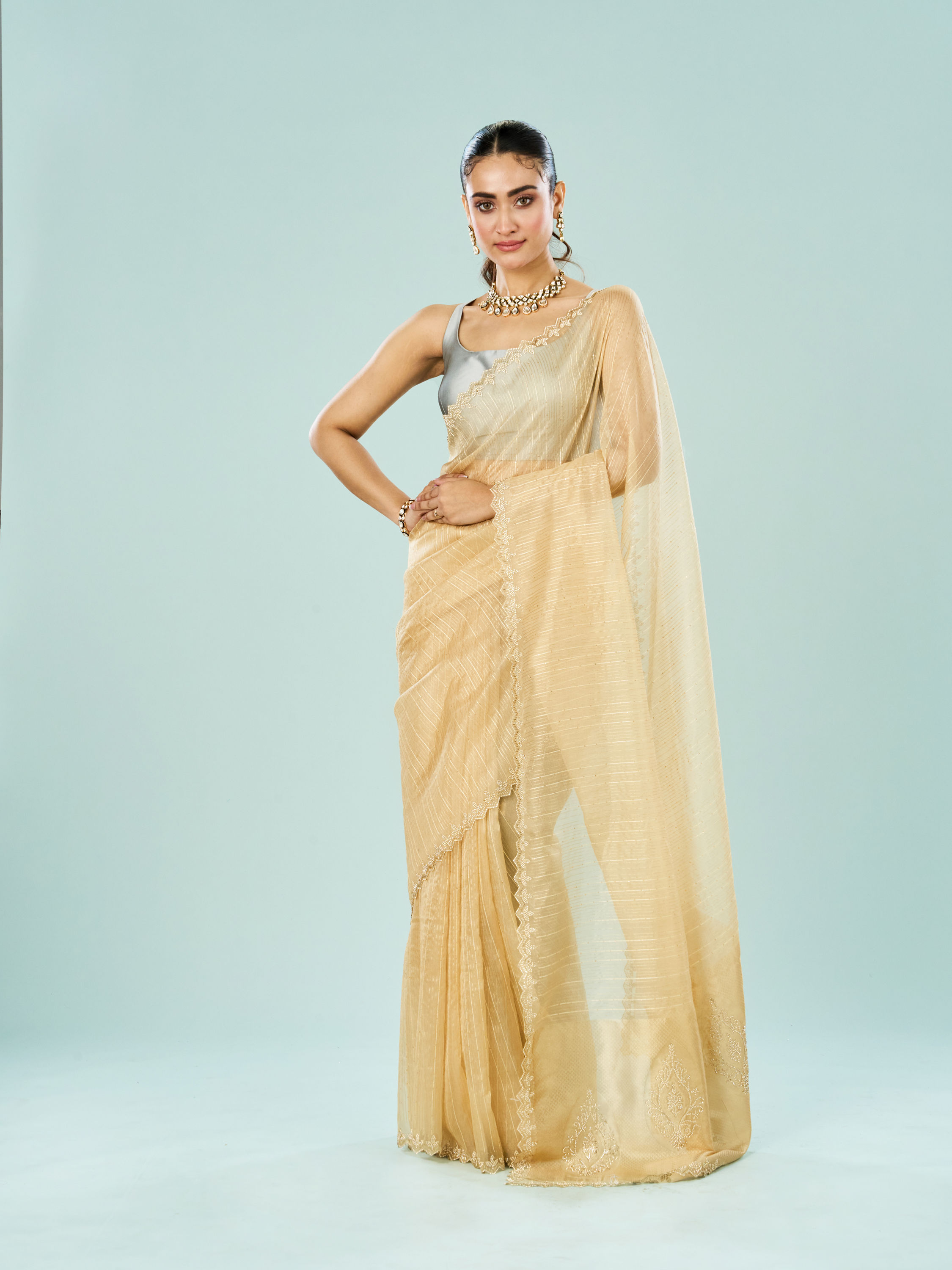 Mohey Women Lustrous Beige Art Silk Saree