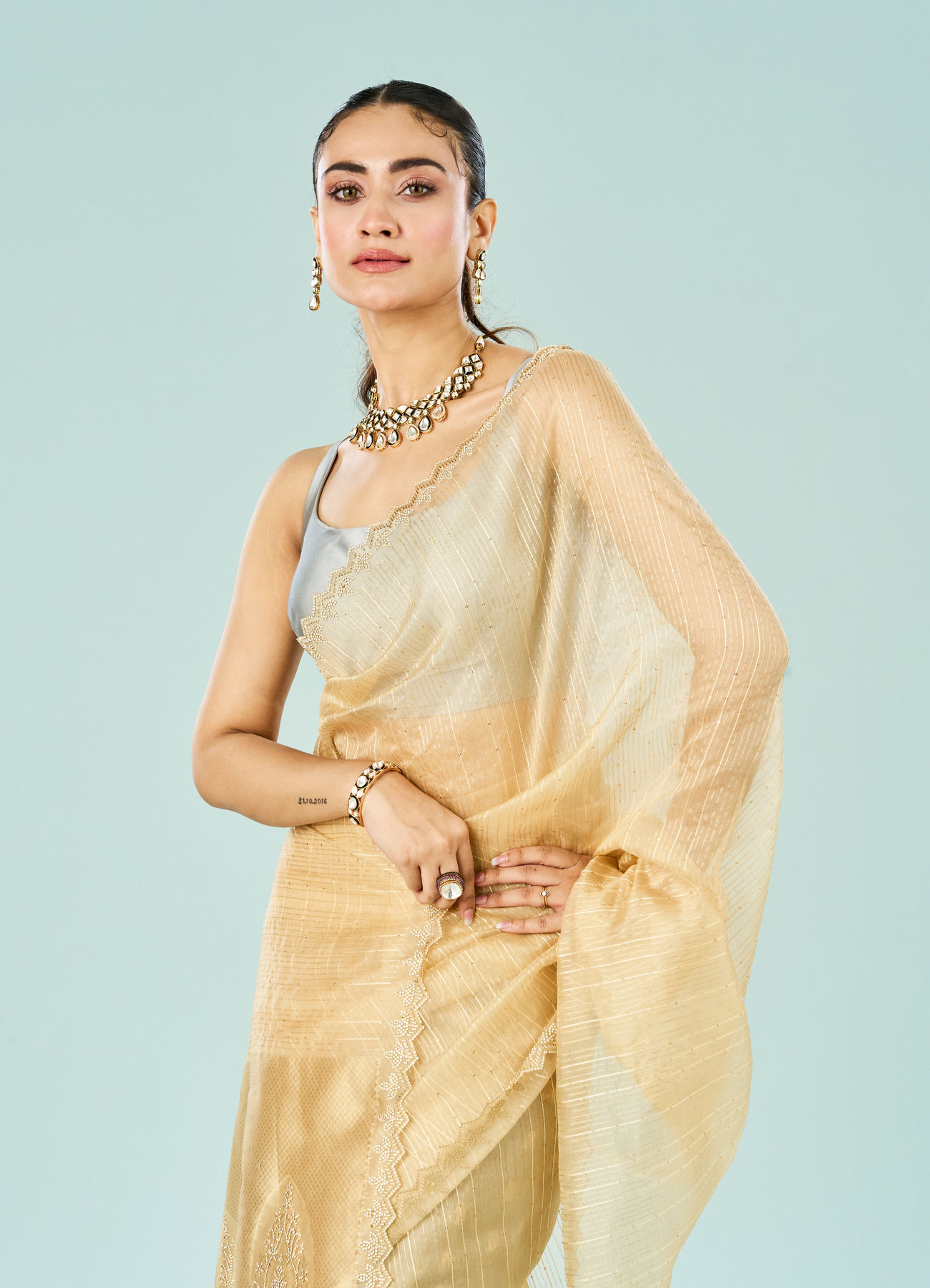 Mohey Women Lustrous Beige Art Silk Saree