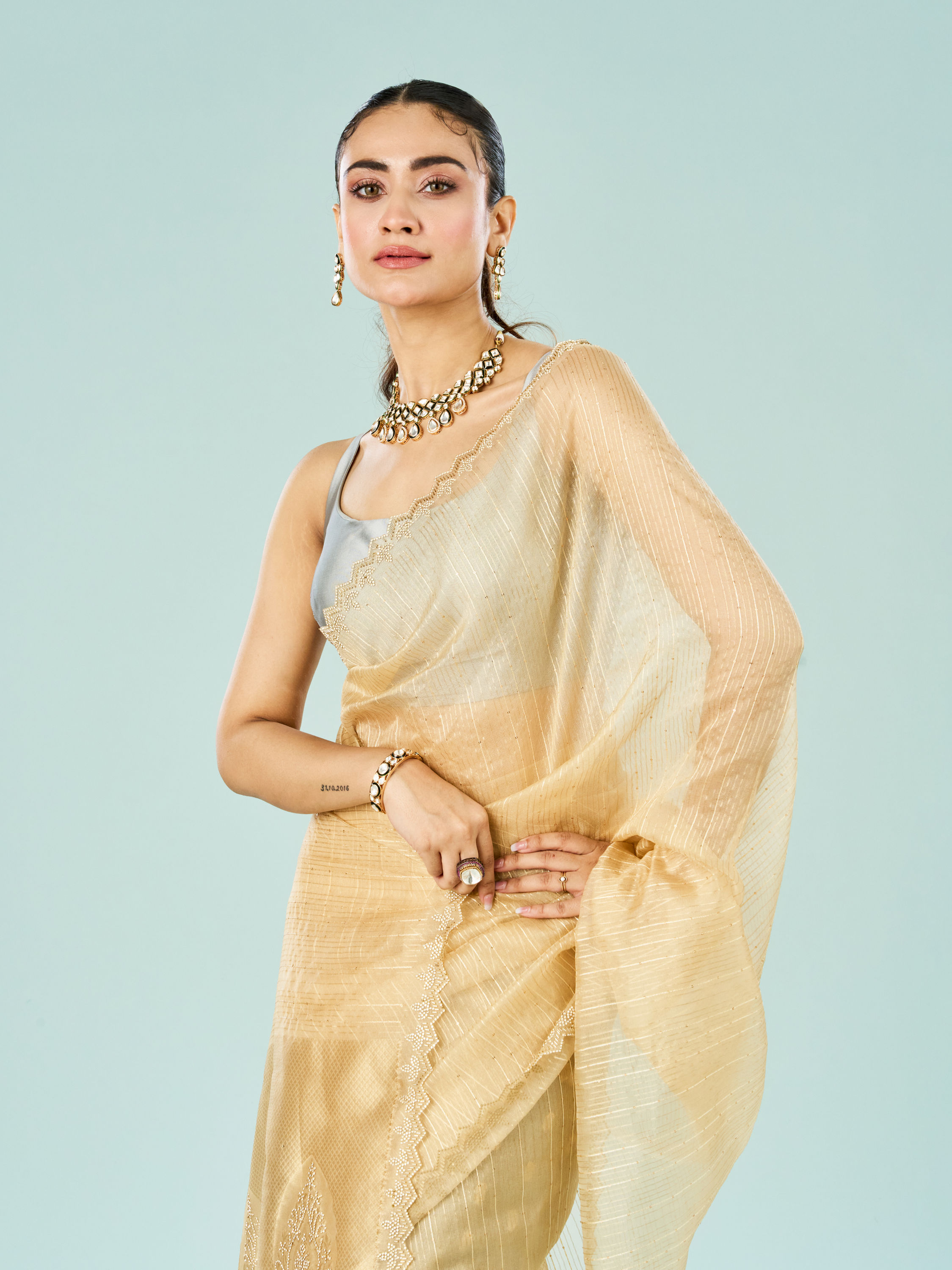 Mohey Women Lustrous Beige Art Silk Saree