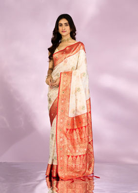 Mohey Women Radiant Cream Red Saree