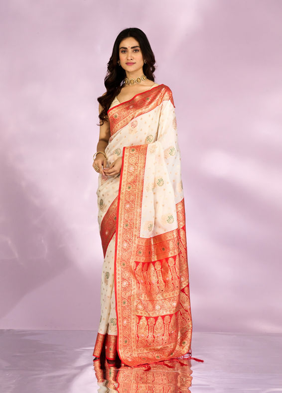 Mohey Women Radiant Cream Red Saree