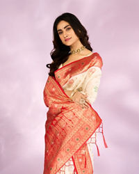 Mohey Women Radiant Cream Red Saree
