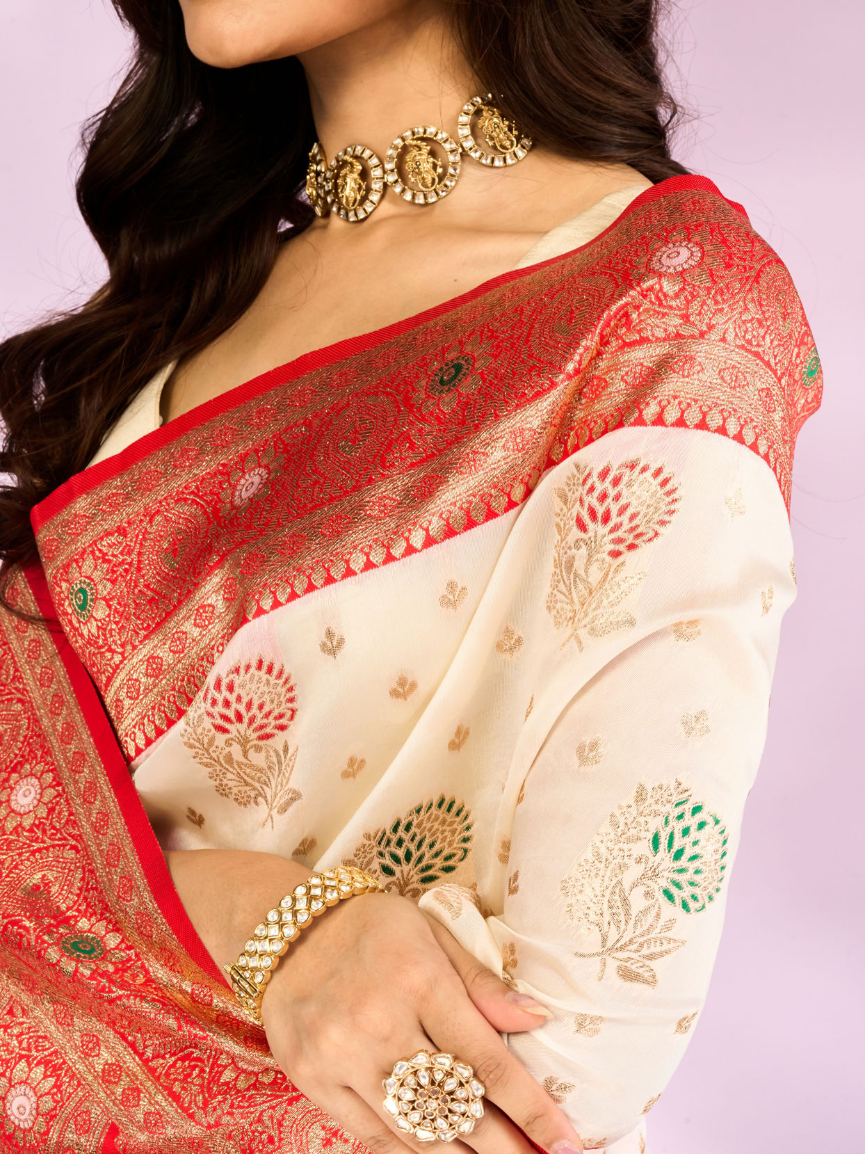 Mohey Women Radiant Cream Red Saree