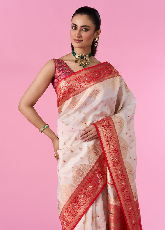 Mohey Women Elegant Cream Red Saree