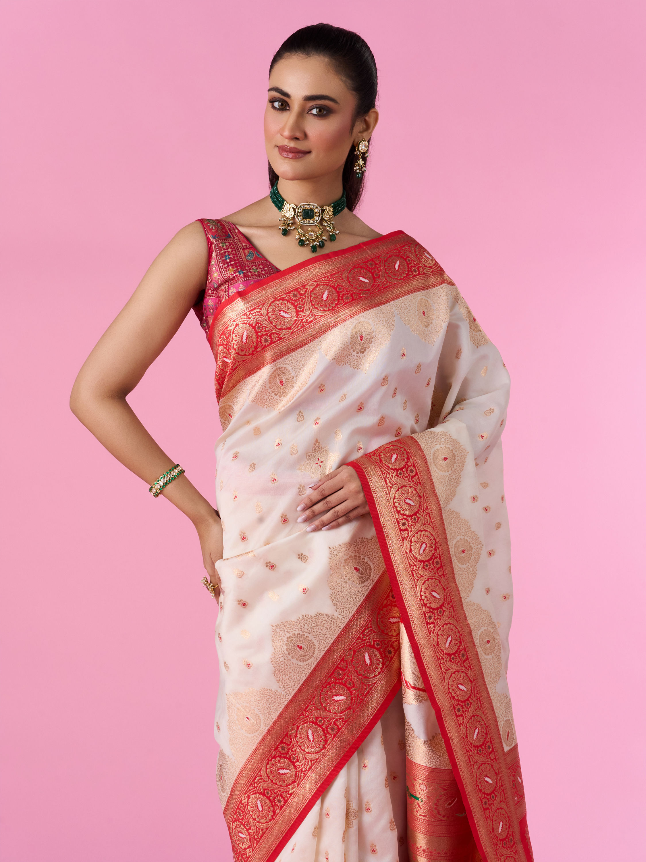 Mohey Women Elegant Cream Red Saree