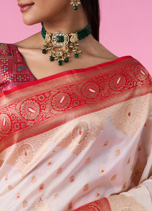 Mohey Women Elegant Cream Red Saree