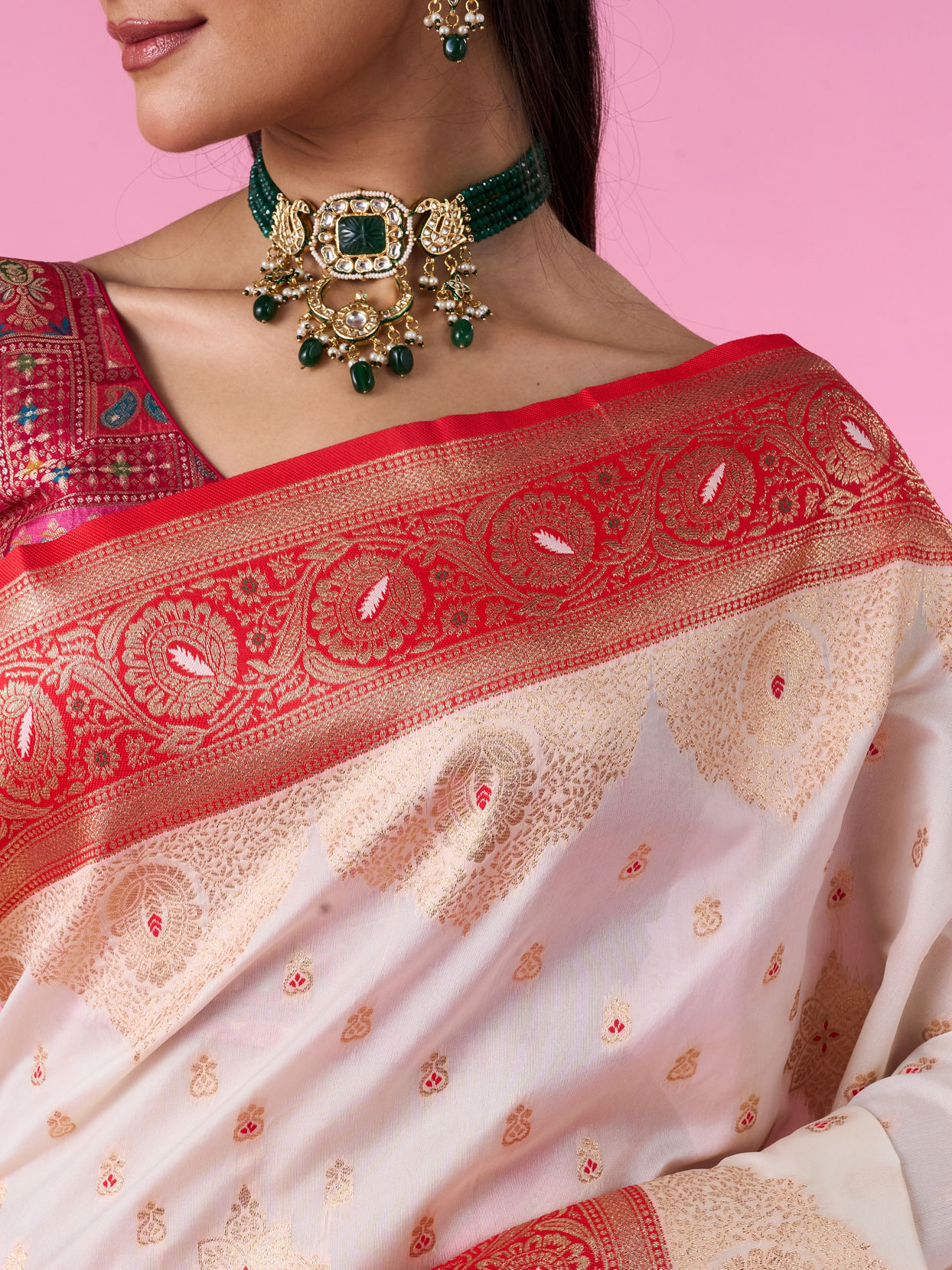 Mohey Women Elegant Cream Red Saree