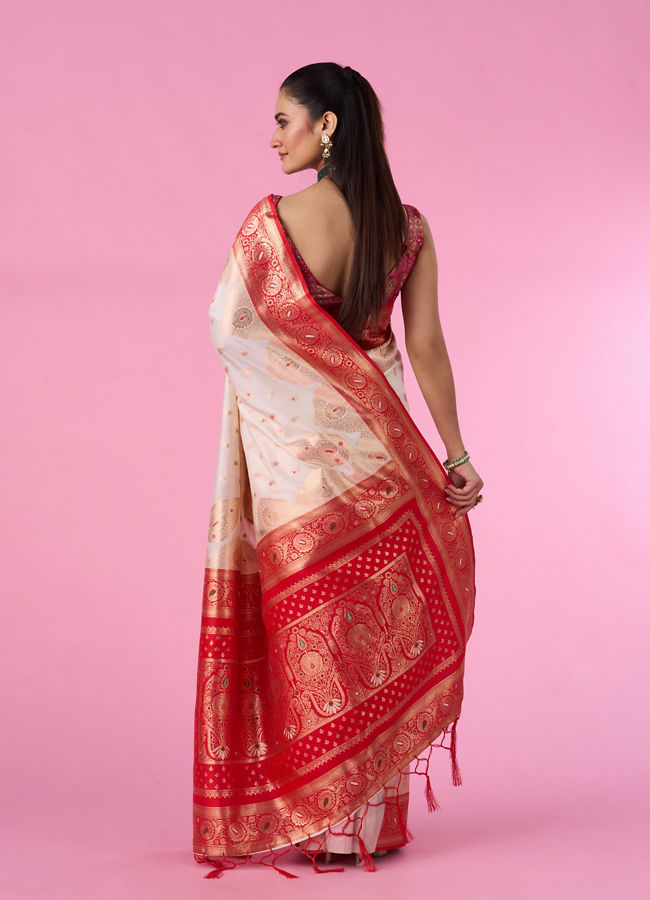 Mohey Women Elegant Cream Red Saree