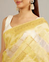 Mohey Women Canary Yellow Floral Grid Patterned Saree with Intricate Borders And Tassel Trims