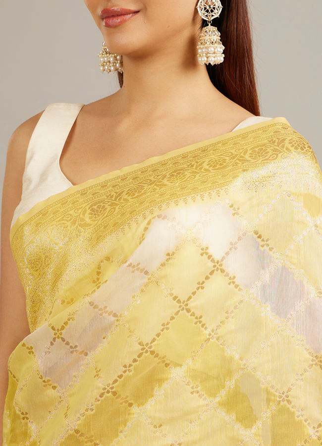 Mohey Women Canary Yellow Floral Grid Patterned Saree with Intricate Borders And Tassel Trims