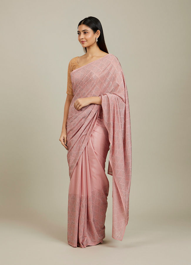 Mohey Women Elegant Peach Chinon Saree