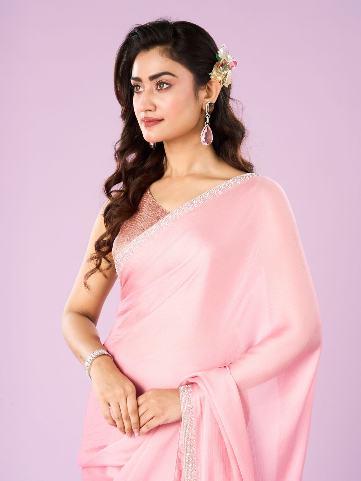 Mohey Women Pink Chinon Elegance Saree