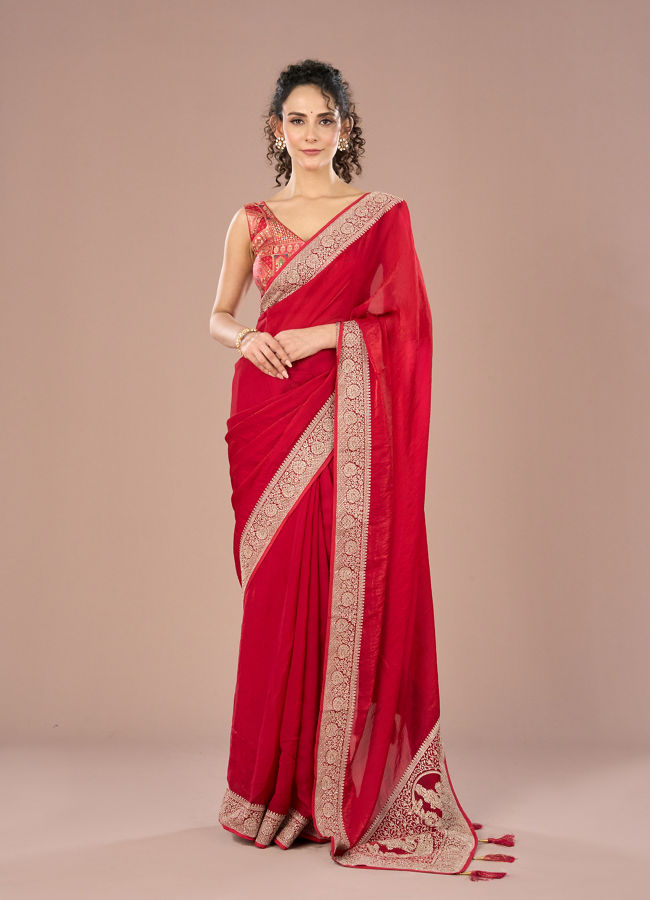 Mohey Women Red Radiance Satin Saree