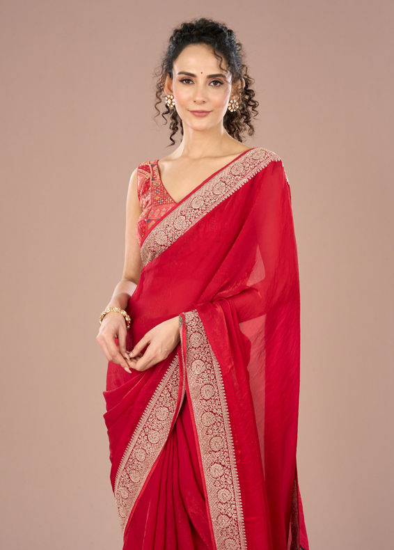Mohey Women Red Radiance Satin Saree