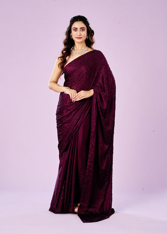Mohey Women Elegant Wine Satin Saree