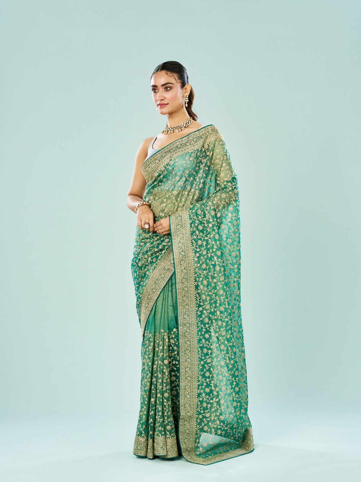 Mohey Women Emerald Enchantress Organza Saree