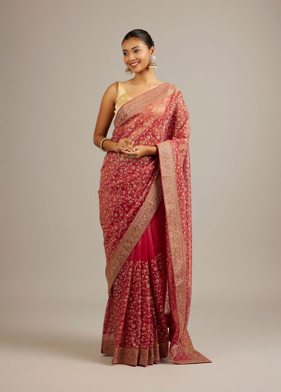 Mohey Women Rani Pink Floral Vine Embroidered Saree with Rhinestone Work