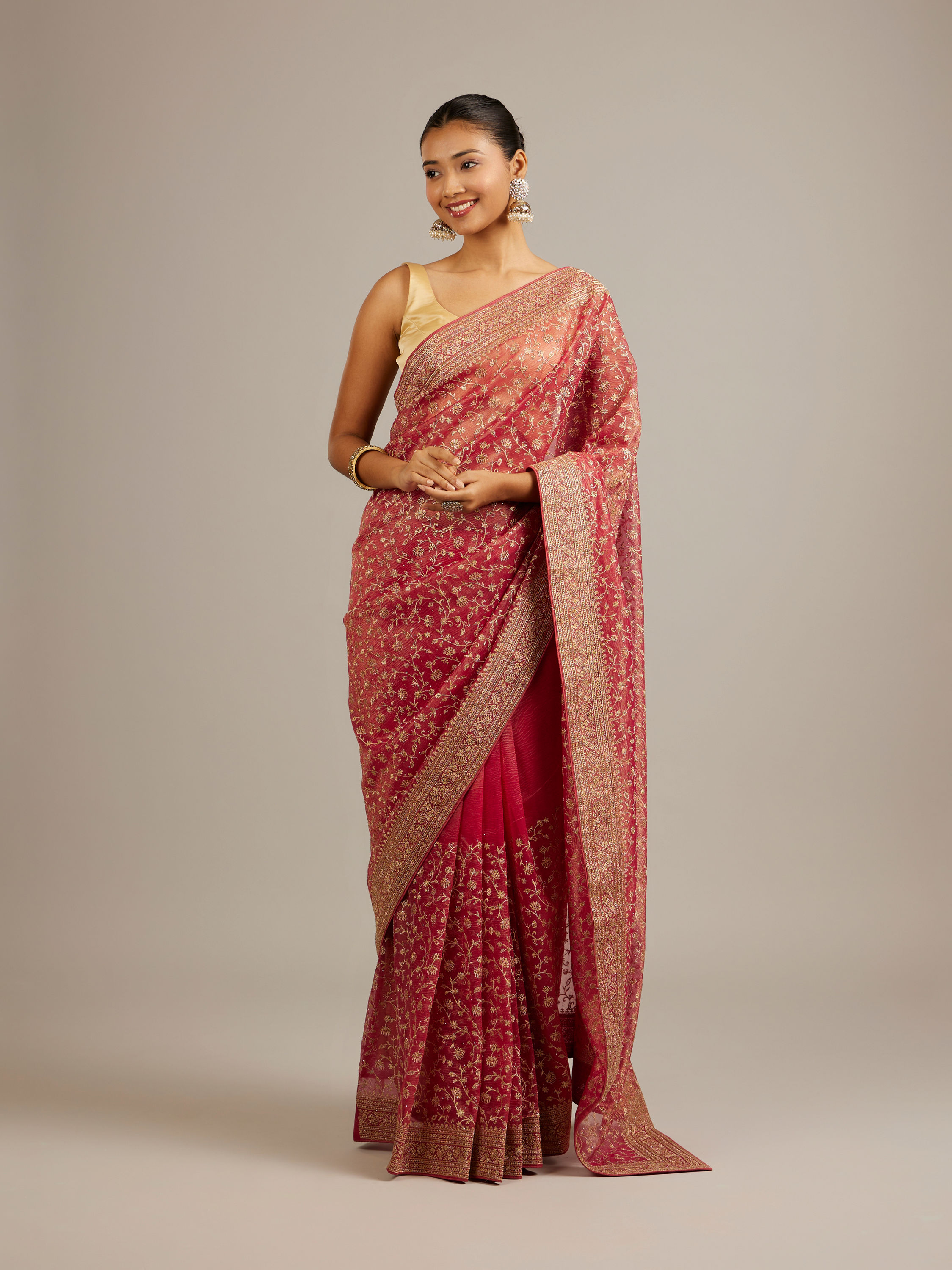 Mohey Women Rani Pink Floral Vine Embroidered Saree with Rhinestone Work