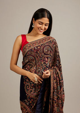 Mohey Women Indigo Blue Floral Embroidered Saree with Paisley Motifs And Rhinestone Work